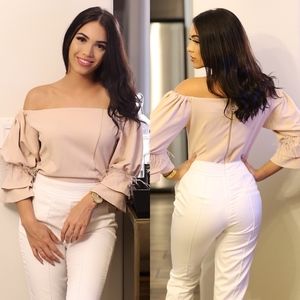 Amy Off Shoulder Feather Top Blouse (Nude)